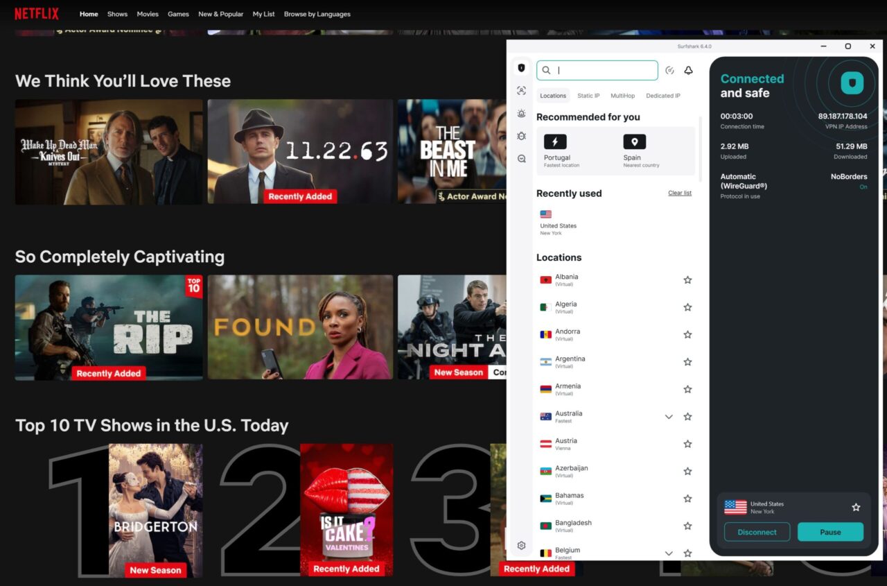 My VPN working with Netflix USA: screenshot of Netlfix and Surfshark VPN app on the screen