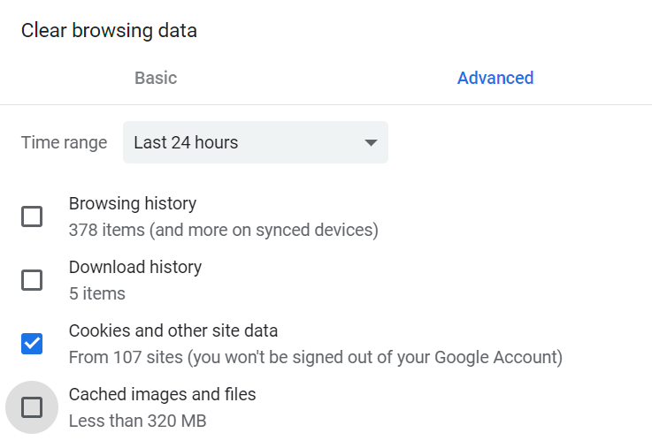 Print screen with an example of the number of cookies stored in Chrome browser in a period of 4 hours: 107 cookies.