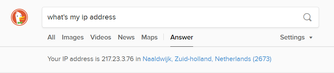 what is my ip address: screen print from on duck duck go showing the current IP address associated with a device.