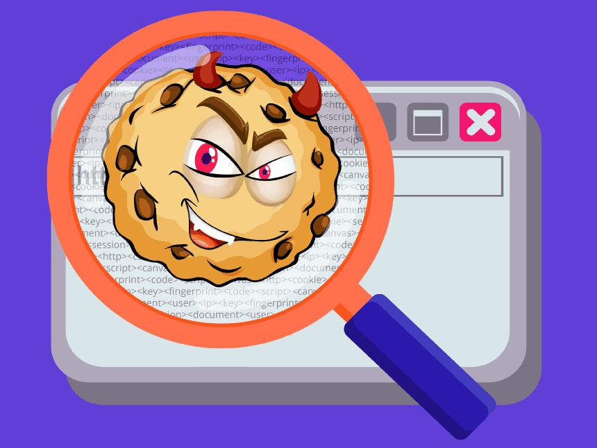 o que é rastreamento web: a imagem ilustrativa de um biscoito maligno dentro de um navegador web visto com uma lupa