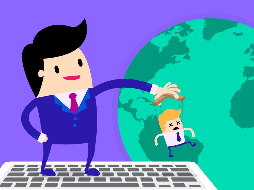 what is proxy server and why to use one: illustrative image of man placing a puppet somewhere on the planet