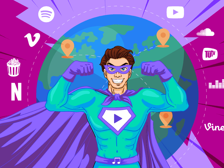 streaming with vpn: advantages and benefits represented by a super streamig hero
